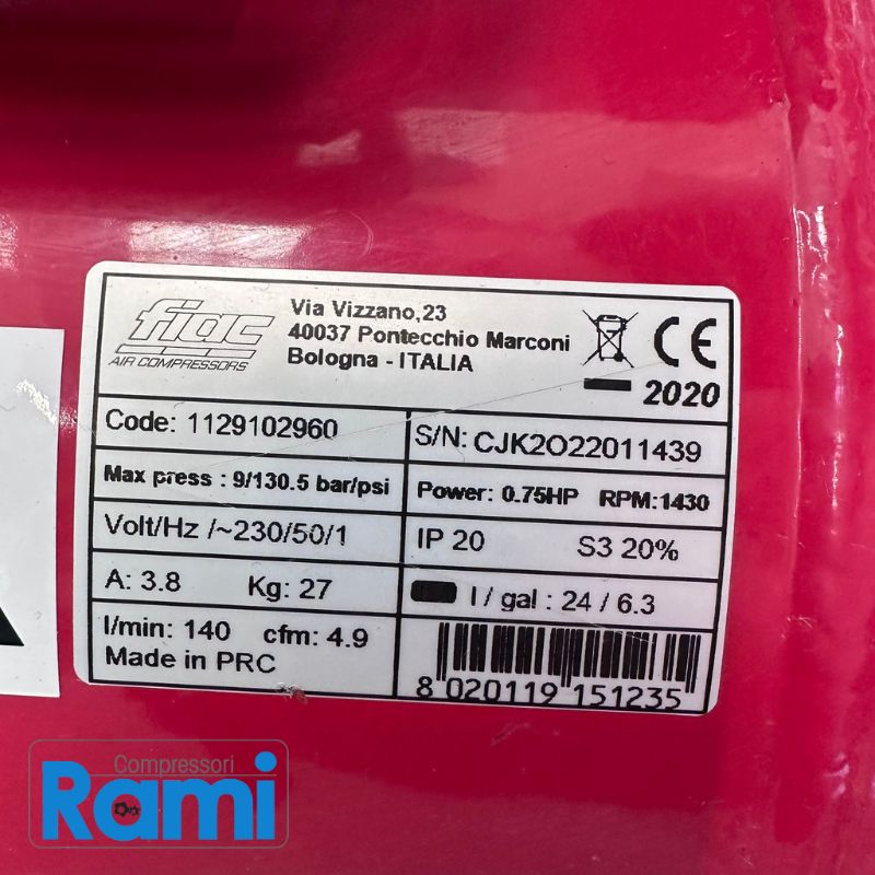 Compressore a Pistoni FIAC 24 Litri 0,75 Hp Usato Garantito – foto etichetta