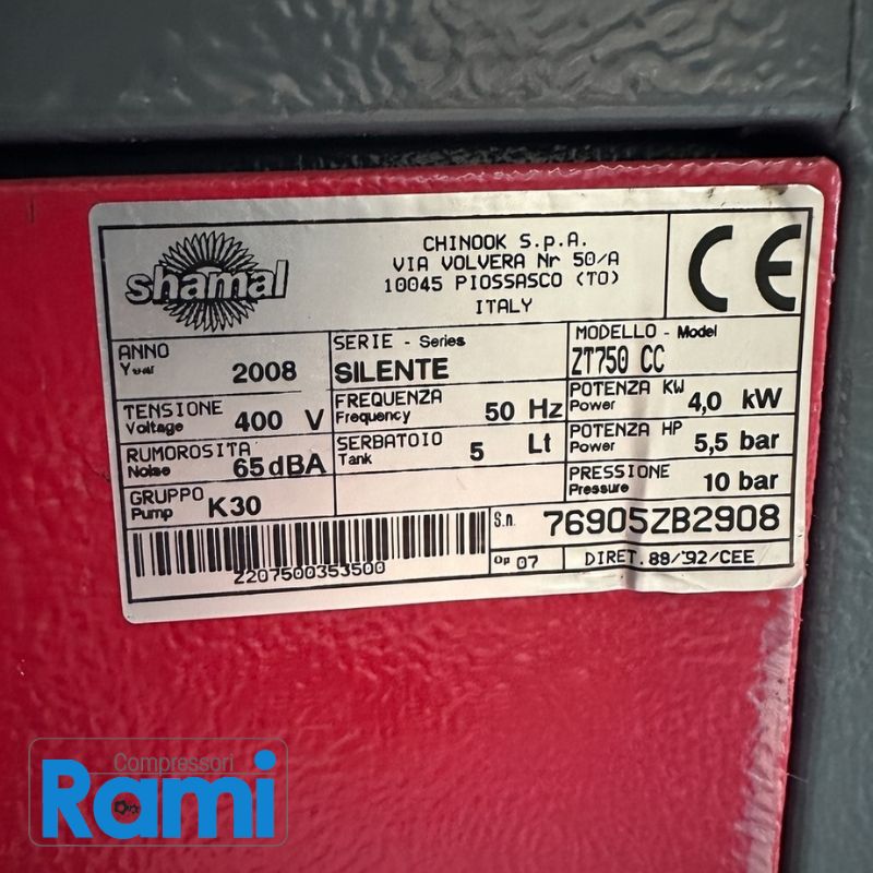 Compressore a pistoni silenziato Shamal ZT750 CC usato garantito – 10bar, 5.5Hp, 5 litri - foto etichetta