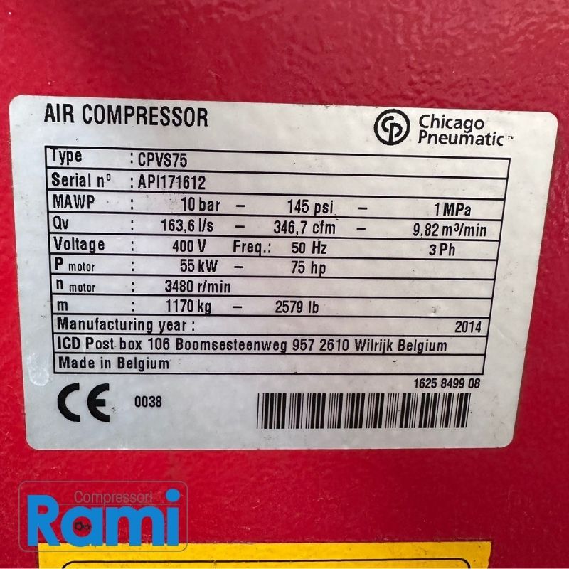 Compressore a Vite Chicago Pneumatic CPVS75 Usato Garantito – 10 Bar – FOTO ETICHETTA