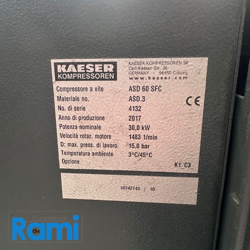Compressore a vite Kaeser ASD 60 SFC usato - 15bar, 30kW