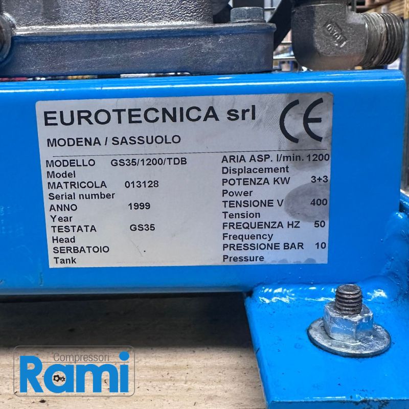 Compressore EUROTECNICA usato GS351200TDB - foto etichetta