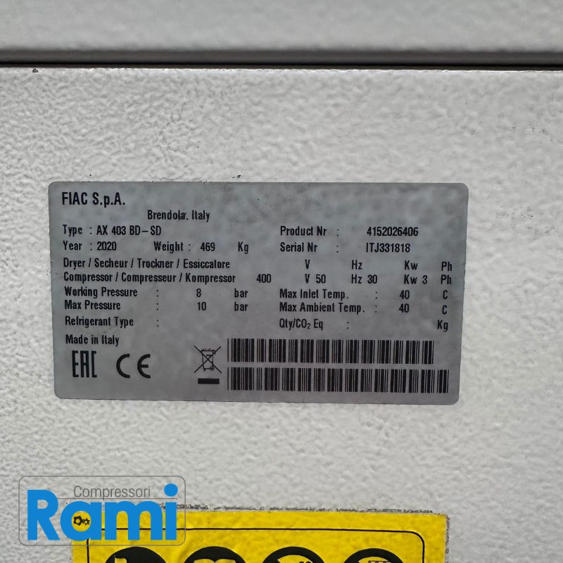 Immagine compressore Fiac Airblock AX 403 BD-SD usato - foto etichetta